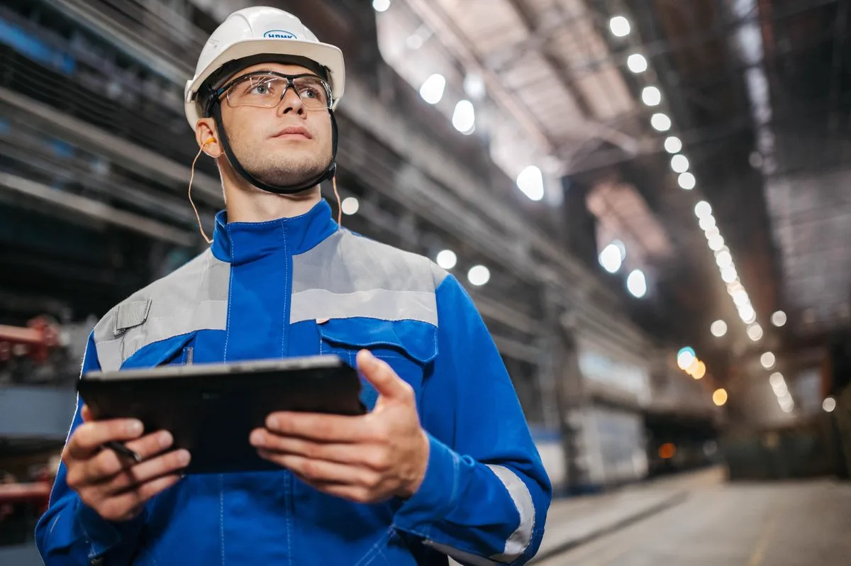 Manufacturing engineer reviewing production data on a tablet