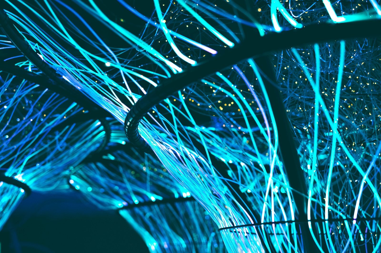 Glowing blue fiber-optic network cables representing infrastructure-wide threat monitoring